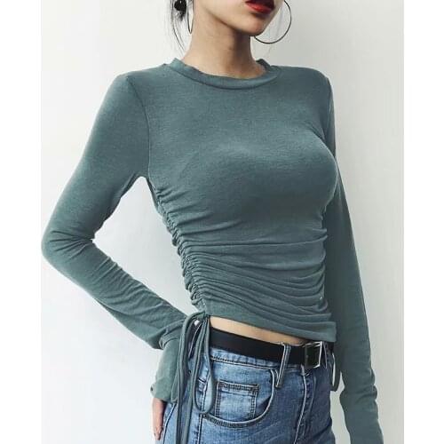 Chic Ruched Drawstring Sides Elasticity Slim Tops Women O Neck Long Sleeve Basic T Shirt Women Harajuku Tees Pullovers Female
