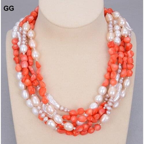 19" 5 Strands White Biwa Pearl Orange Coral Necklace