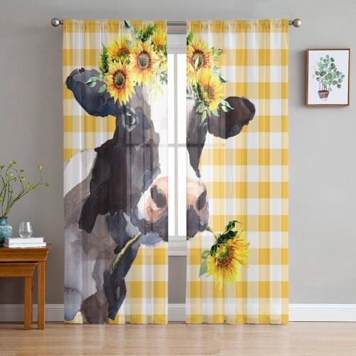 Country Style Cow And Sunflower Tulle Curtains for Living Room Bedroom Modern Kitchen Sheer Curtains for Voile Curtain