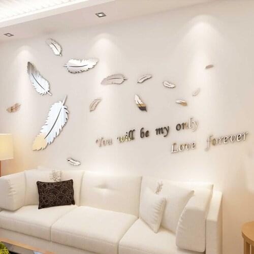 Mirror Acrylic Wall Sticker 3d Decorative Wall Stickers For Living Room Background 5 Sizes Creative Feather Wallpapers Pasters