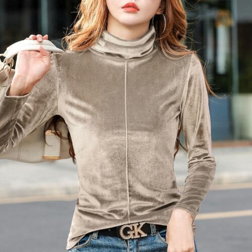 Blouse Women 2020 Gold Velvet Womens Turtleneck Long Sleeve T-shirt Womens Clothing Blusas Ropa De Mujer