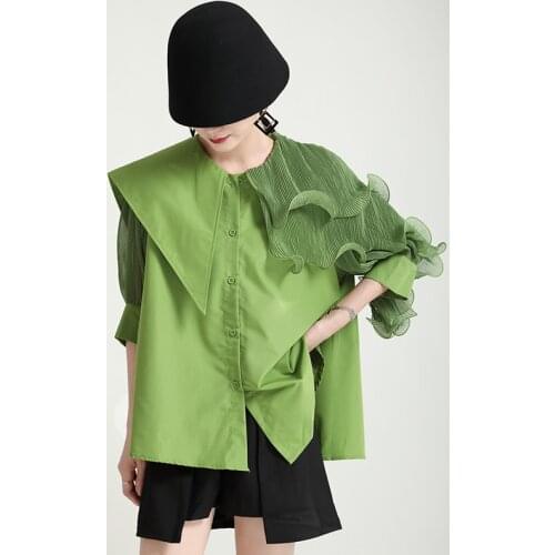 2021 Summer New Turn Down Collar Ruffle Irregular Patchwork Loose Short Sleeve Shirts Woman Tops X049