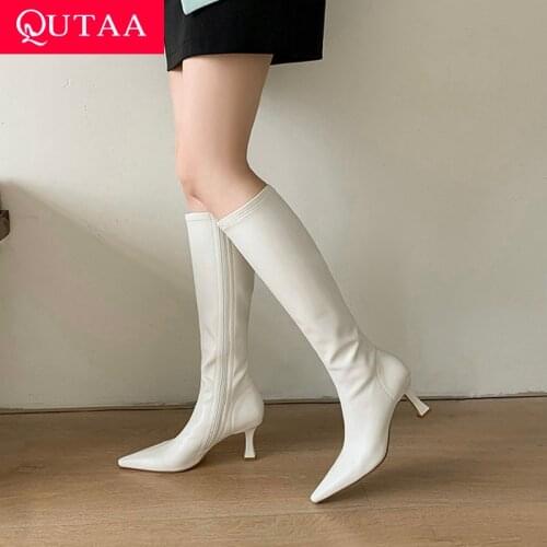 QUTAA 2022 Knee High Boots PU Leather Pointed Toe Zipper Women Shoes Thin High Heel Fashion Ladies Motorcycle Boots Size 34-39