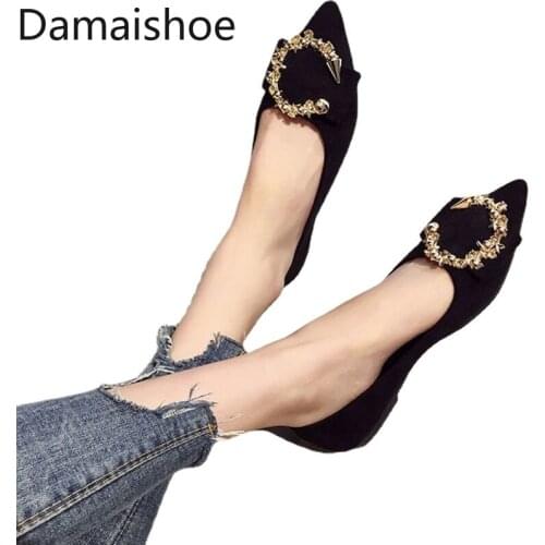 Womens Shoes 2021 New Korean Style Versatile Pointed Toe Shallow Mouth Metal Buckle Flat Lady Pumps Fashion Trending Pumps Tide