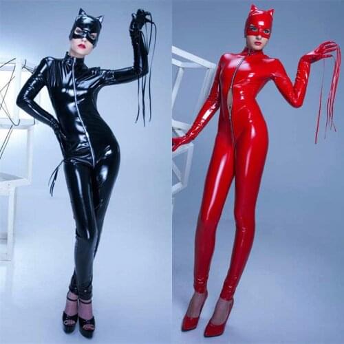 Women Faux Leather Catsuit Shiny PVC Latex Bodysuit Sexy Front Zipper Open Crotch Zentai Fetish Erotic Pole Dance Clubwear