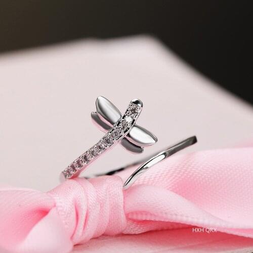 NEW 925 Sterling Silver Dragonfly AAA Zircon Opening Ring For Women Fashion Wedding Engagement Party Charm Jewelry
