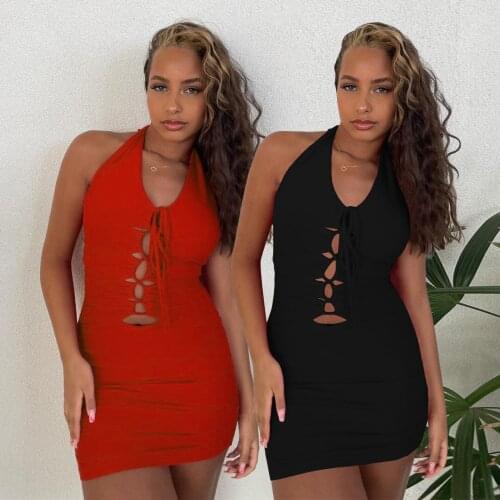 SKMY Casual Women Outfits 2021 Spring And Summer New Sexy Hollow Out Drawstring Lace-Up Bowknot Halter Backless Dress Solid