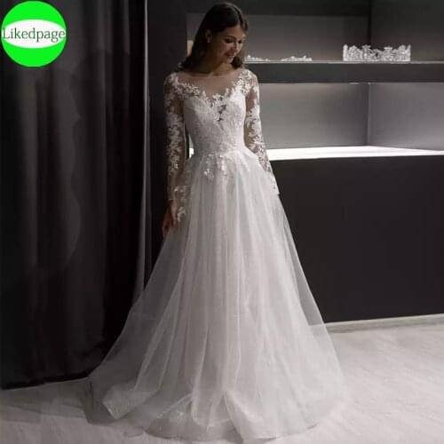 Wedding Dress 2021 Vestidos De Novia Long Sleeve Sequin Tulle Robe Mariage Elegant Lace Appliques Bride Gown Trouwjurk Button