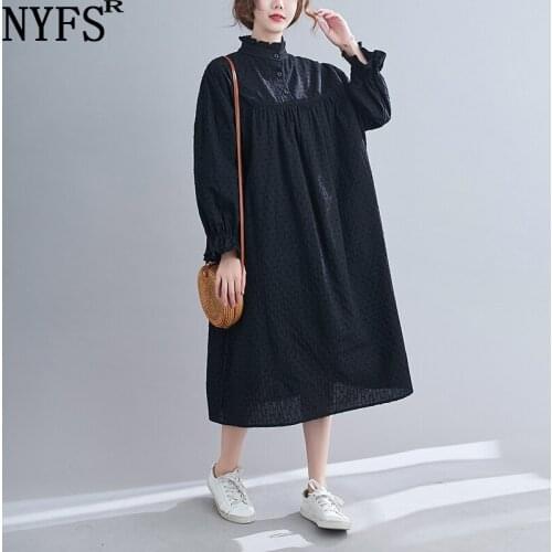 NYFS 2021 New Spring Autumn Vintage Loose Woman Dress Vestido de mujer Robe Elbise Cotton Solid Dresses for Women