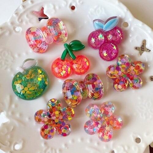 10Pcs Kawaii Glitter Sequin Flower Cherry Flatback Resin Cabochon Hair Bows Center Scrapbooking Accessories DIY Decoration Craft