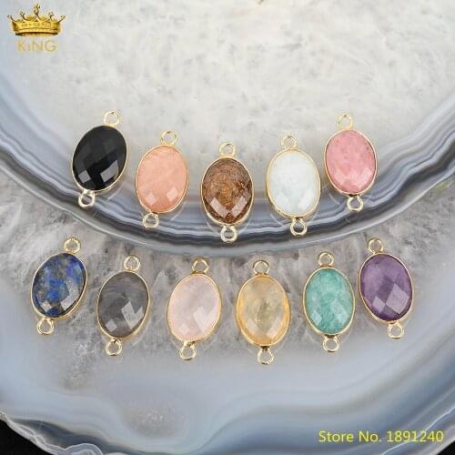 5pcs Natural Black Agates Lapis Opal Stone Oval Beads Connector For Jewelry Making,Gold Color Quartz Crystal Slab Charms Jewelry