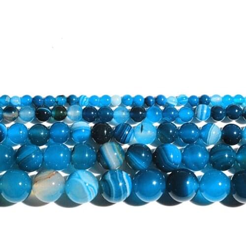 15"Strand Natural Stone Beads Smooth Blue Striped Agates Round Loose Beads For Jewelry Making Necklace Bracelet 4-12mm
