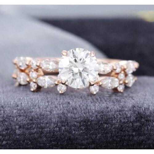 EDI Brilliant Round Moissanites Engagement Ring Set Solid 14k Rose Gold Marqusie Cut Stacking Matching Band Wedding Bridal Set