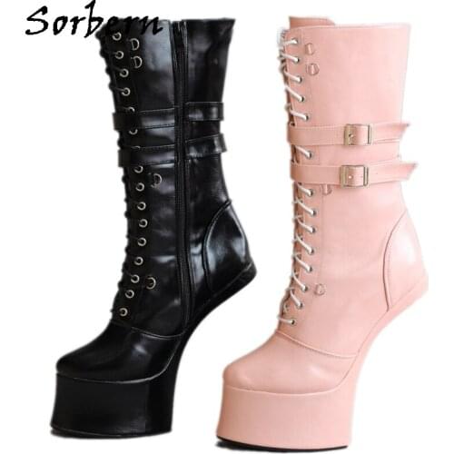 Sorbern Exotic Lace Up Horse Shoes Mid Calf Boots Multi Colors Heelless Fetish Play Fun Booties Double Straps Custom Colors