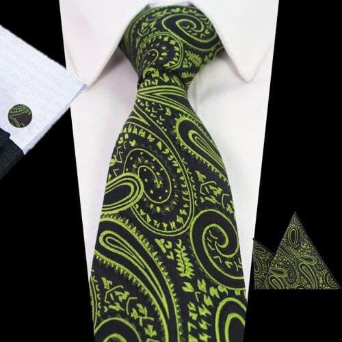 Ricnais Mens Tie Set Green Paisley Floral Silk Tie Gravata Pocket Square Cufflinks For Men Formal Wedding Party Groom Business