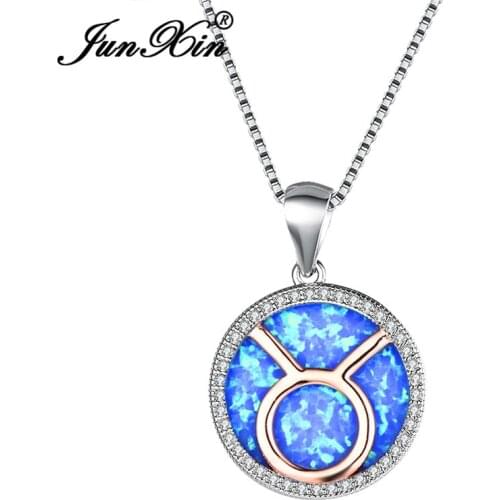 JUNXIN White Gold Filled Constellation Taurus Pendant Sagittarius Necklaces For Women Round White Blue Fire Opal Necklace Gift