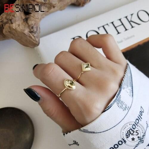 Besimpol Real 925 Sterling Silver Oval Diamond Geometric Rings Original Creative Design Adjustable Rings for Women Fine Jewelry