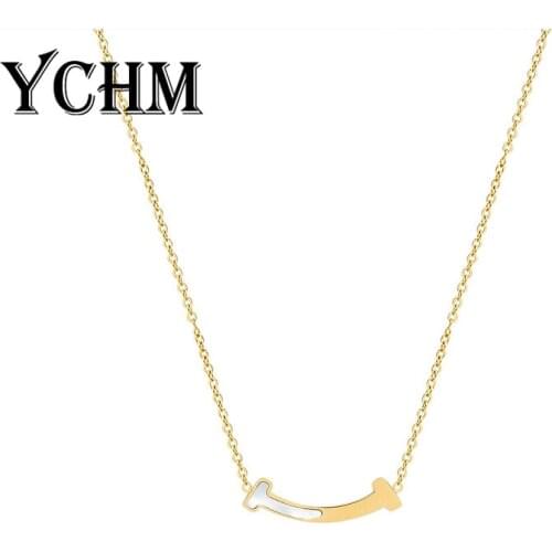 YCHM Happy Smile Choker Necklace Shell Bend Plate Pendant Collier Stainless Steel Necklace Chains On The Neck For Women