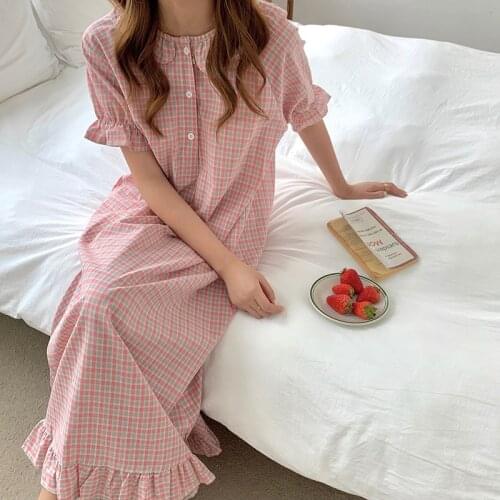 Summer Nightgown Korean Pink Plaid Print Sleepwear Long Loose Kawaii Soft Cotton Nightdress Short Sleeve Sweet Girls Buttons