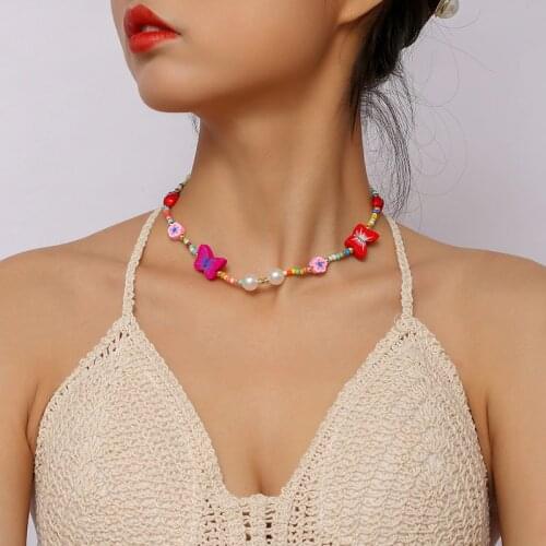 Trendy Handmade Beaded White Pearl Multicolor Glass Beads Ceramic Insect Wooden Butterfly Chokers Necklaces For Women Jewelry