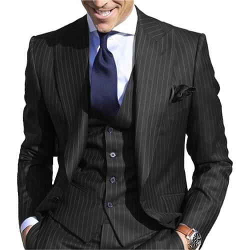 Mens striped slim fit suit jacket wedding male groom tuxedo suit prom (jacket + pants + vest) clothing for men