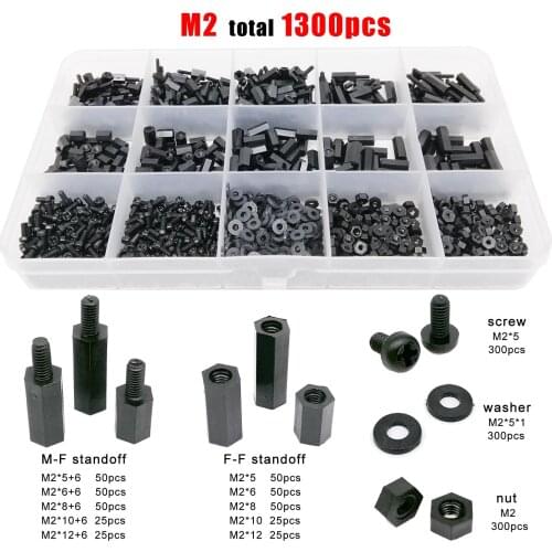 445/1300pcs M2 M2.5 M3 M4 Black Plastic Nylon Insulated Hex Standoff Hexagon Pillar Spacer Column Screw Nut Assortment Kit Set