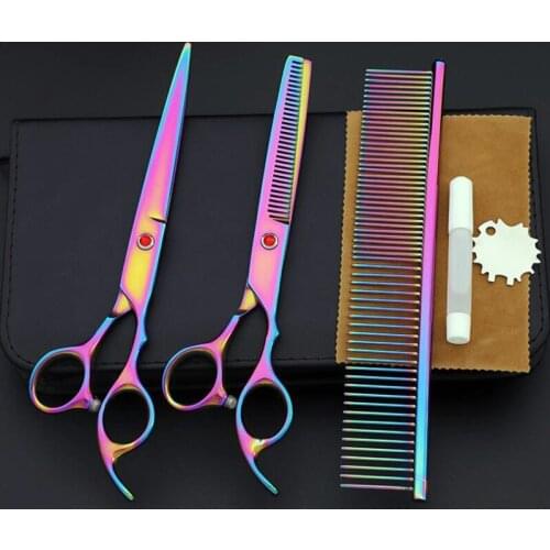 Colorful Electroplating Pet Scissors Set For Cat Dog Grooming Hairdressing Tools 6 Inch 7 Inch Straight Cut and Curved Scissor