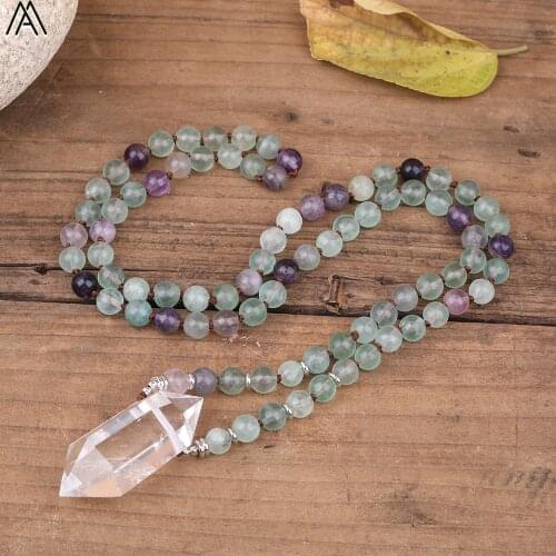 Natural Rainbow Fluorite Stone 108 Prayer Beads Knotted Necklace Women Double Stick Quartz Point Mala Necklace Jewelry N0249AM