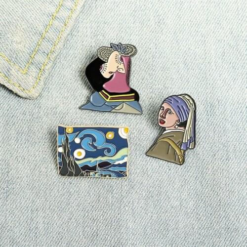 New Popular Girl with Pearl Earrings Van Gogh oil Painting Brooches Badge Shirt Lapel Pin Buckle Canvas Jewelry Gift for Friend