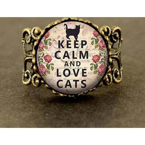 New Trendy Keep Calm And Love Cats Quote Photo Ring Cat Lovers' Jewelry Animal Glass Cabochon Ring