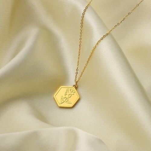 Gold Hexagon Geometric Pendant Necklace For Fashion Women Rose Flower Cute Fine Jewelry Accessories Mujer