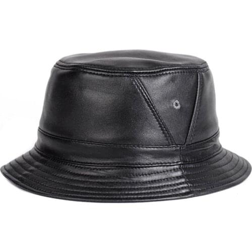 Man Real Leather Fitted Flat Bucket Hats Male Outdoor Potted Short Brim Black/Brown Hip Pop Gorras Elderly Fishing Cap