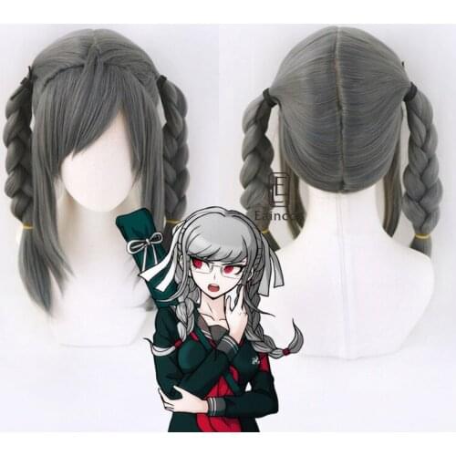 Danganronpa Peko Pekoyama Double Braided Dark Grey Synthetic Wig Cosplay Halloween Costume AccessoriesDangan-ronpa Women Hair
