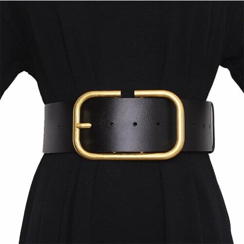 Leather Wide Belt For Women Gold Square Buckle Pin Buckle Jeans Black Belt Luxury Brand Ladies Vintage Strap Female Waistband