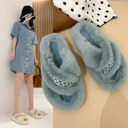 Winter House Women Fur Slippers Cross Band Warm Plush Ladies Fluffy Shoes Thick Bottom Home Lazy Flip Flops Solid Color Sandals