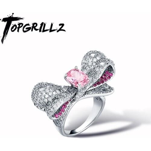 TOPGRILLZ 2021 New Pink/ Yellow Bow-knot Rings Iced Micro Pave Cubic Zirconia Ring Fashion Girls Jewelry Accessories For Gift