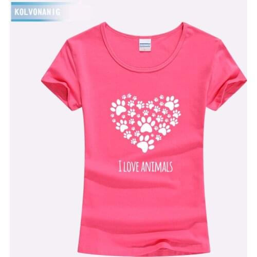KOLVONANIG 2019 I Love Animals Heart-Shaped Cat Footprints Printed T Shirt Women Kawaii Lovely T-Shirts Fashion Top Tees
