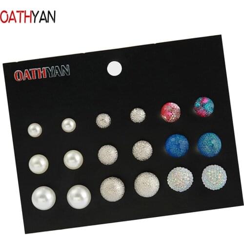 OATHYAN 9 Pairs/Set Classic Simulated Pearl Stud Earrings Sets Female Metal Ball Acrylic Bead Earring For Women Fashion Jewelry
