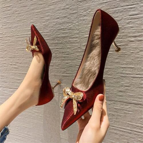 Rimocy Shiny Crystal Bow Ladies Party Shoes Sexy Wine Red Pointed Toe Thin Heels Pumps Women Warm Winter Wedding Shoes Woman