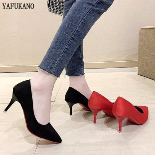 2021 Spring New Suede Thin High Heels 7cm Elegant Lady Party Dress Shoes Red Sole Career Work Pumps Plus Size Women Shoes 35-43