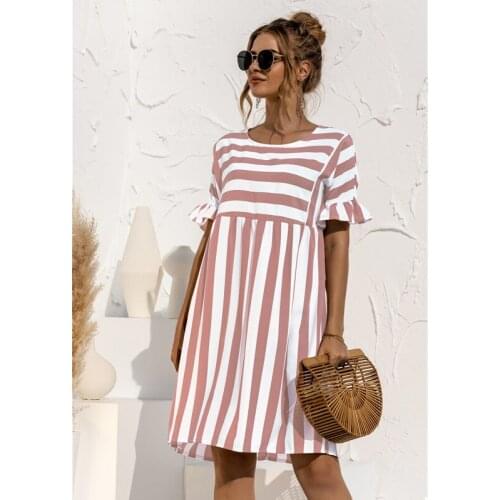 2021 Summer New Fashion O Neck WomenS Dress Casual Loose Solid Short Sleeve Ruffle Patchwork Ladies Stripe Loose Dresses