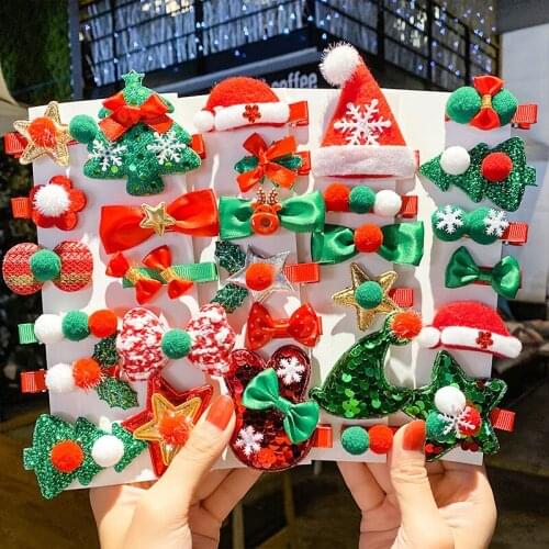 10PCS Christmas Sequins Hat Bowknot Hair Clips Poms Shiny Love New Years Gifts Party Hairpin Barrettes Kids Headwear Bebes Acce