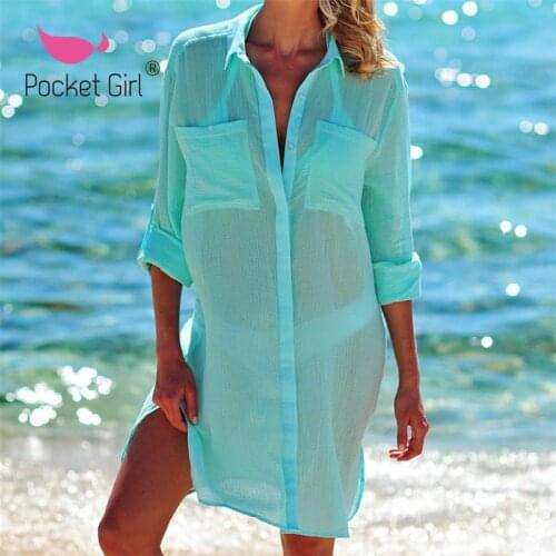 Pocket Girl 2020 Sexy Sarongs Bikini Beach Tunic Beach Cover Up Bathing Suit White Robe De Plage Swimsuit Women Cover-Ups Pareo