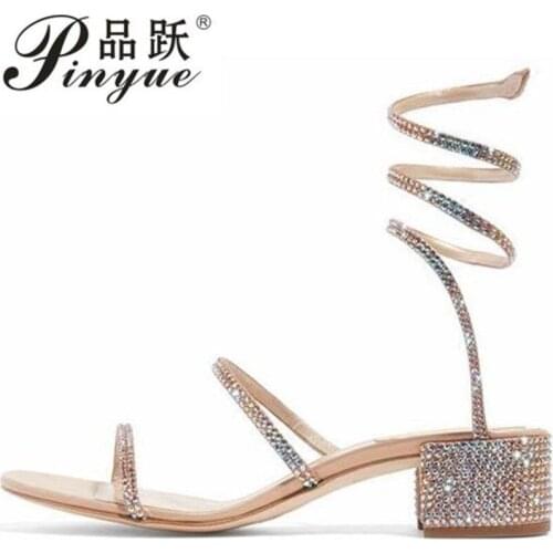 Summer Women Sandals 2020 Fashion Sexy Rhinestone Mid Heel Tied Party Breathable Comfort Shopping Woman Walking Casual Shoes