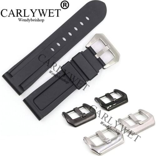 CARLYWET 24mm Black Waterproof Silicone Rubber Replacement Wrist Watch Band Strap Belt Silver Black Buckle For Luminor