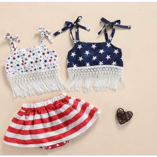 Independence Day Infant Baby Girls Summer Clothes Sets Tassel Star Printed Sleeveless Tops Stripe Shorts Outfits 2pcs 0-18M