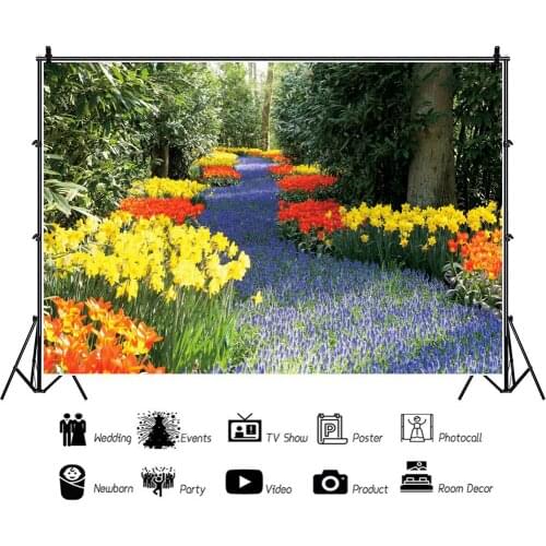 Garden Path Decorated with Various Flowers Portrait Photography Backdrop Decor Photo Background Studio Photocall Props