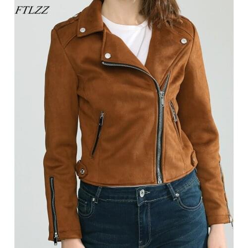 FTLZZ New Women Motorcycle Faux Suede Leather Jacket Female Turndown Collar Zipper Punk Jacket Casual Streetwear Overcoat