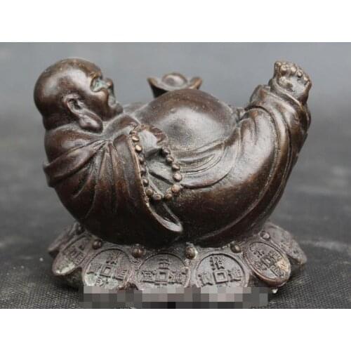 Chinese Wealth Bronze Happy Laugh Maitreya Buddha Grip Yuanbao Buddha Statue