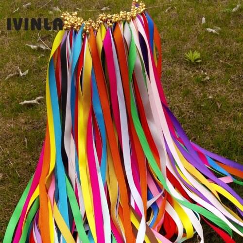 Hot Selling 50pcs/lot Mixed Various colors wedding ribbon wands with gold bell for wedding decoration